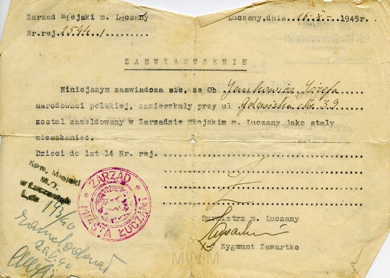 KKE 5911.jpg - Zaświadczenie potwierdzjące zameldowanie Jóżefy Janukowicz w mieście Łuczany, Łuczany, 16 X 1945 r.